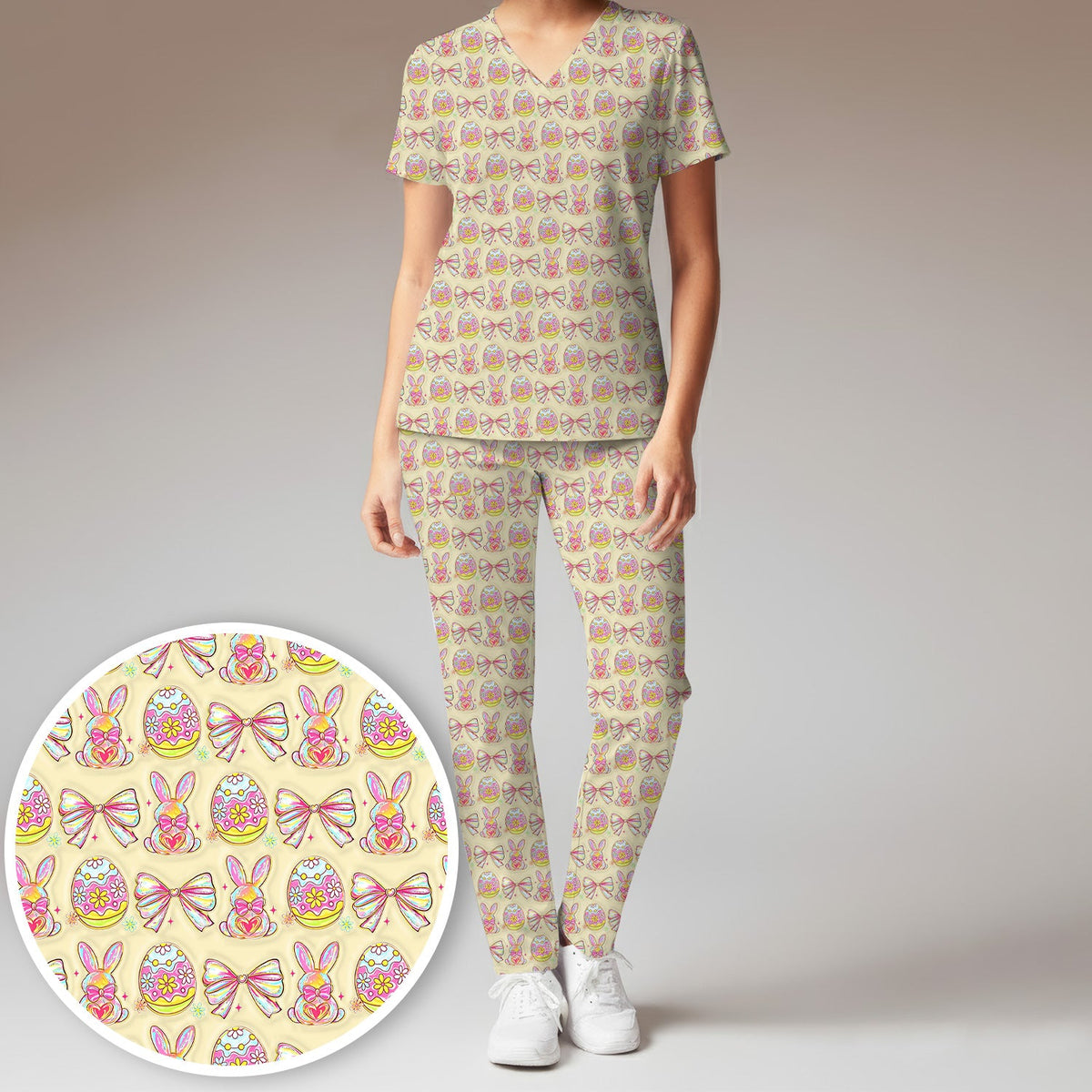 Bunny Pastel Egg Bow Nurse Scrub Set - Easter Gift