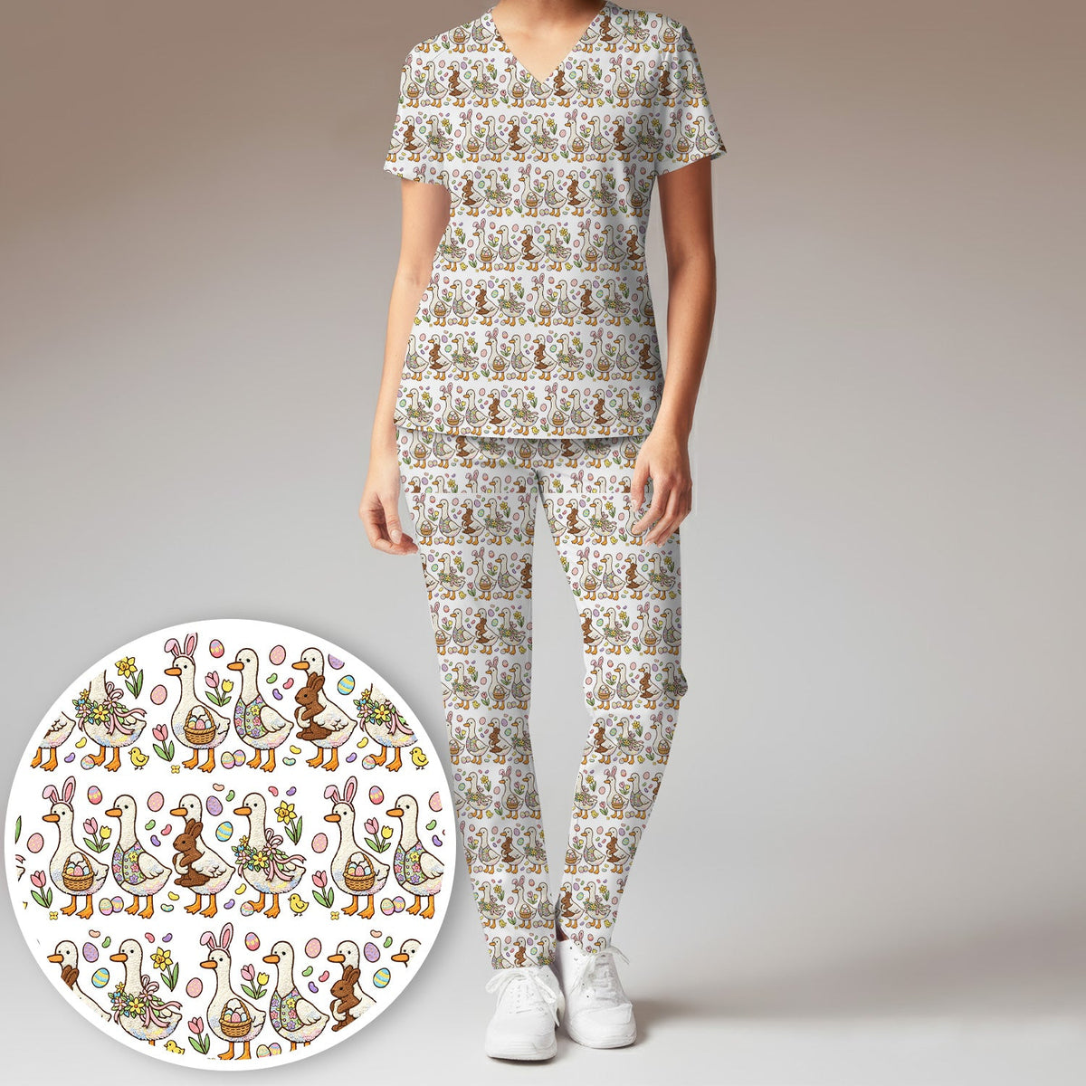 Duck Bunny Egg Floral Nurse Scrub Set - Easter Gift