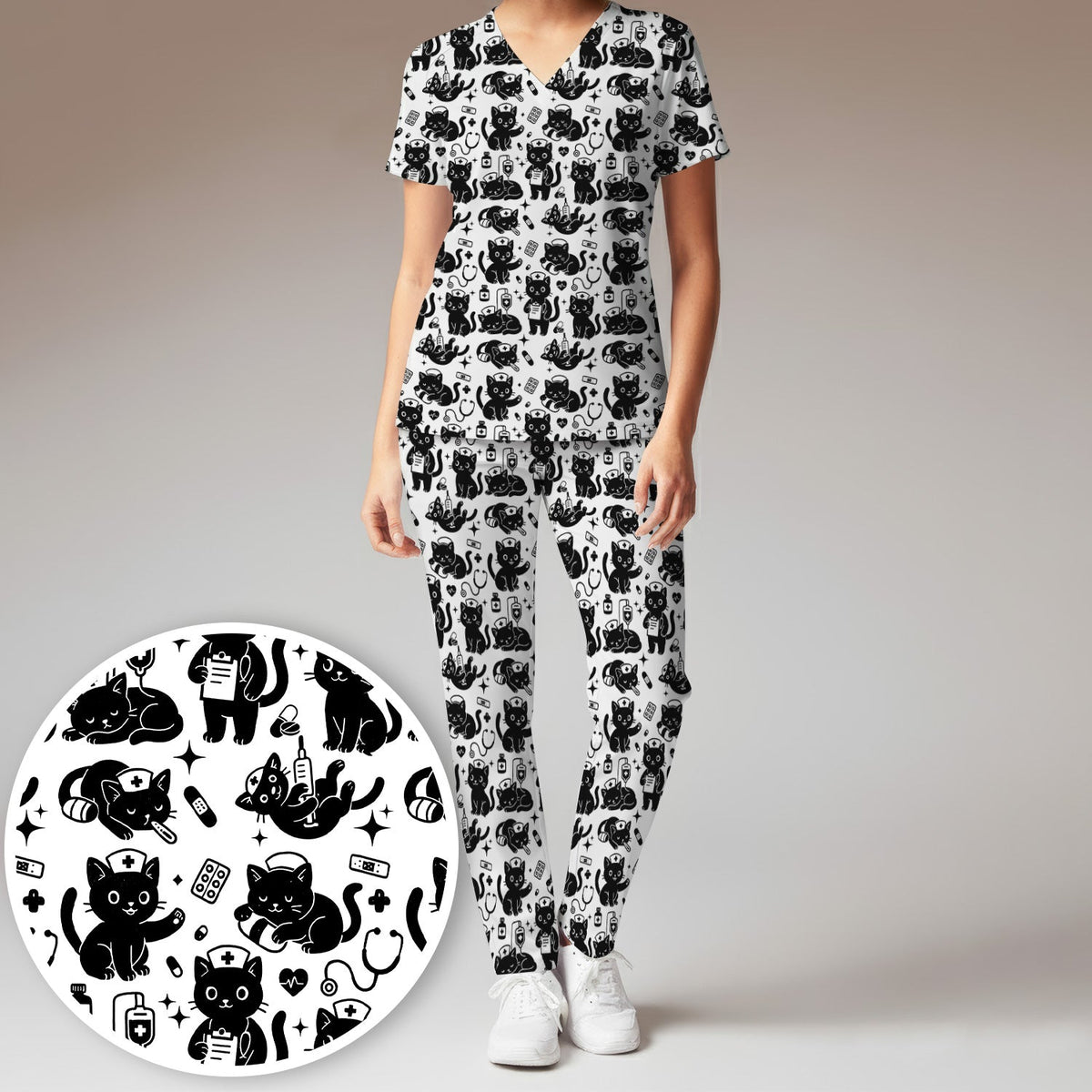Cute White Black Cat Nurse Scrub Set