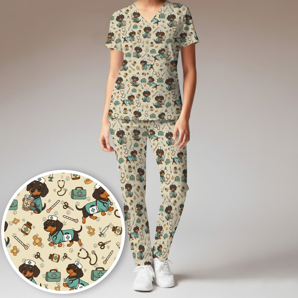 Funny Dachshund Nurse Scrubs Set - Cute Dog Print Medical Shirt - Holiday Nurse Scrub Top Gift for RN CNA Doctor, Women & Men
