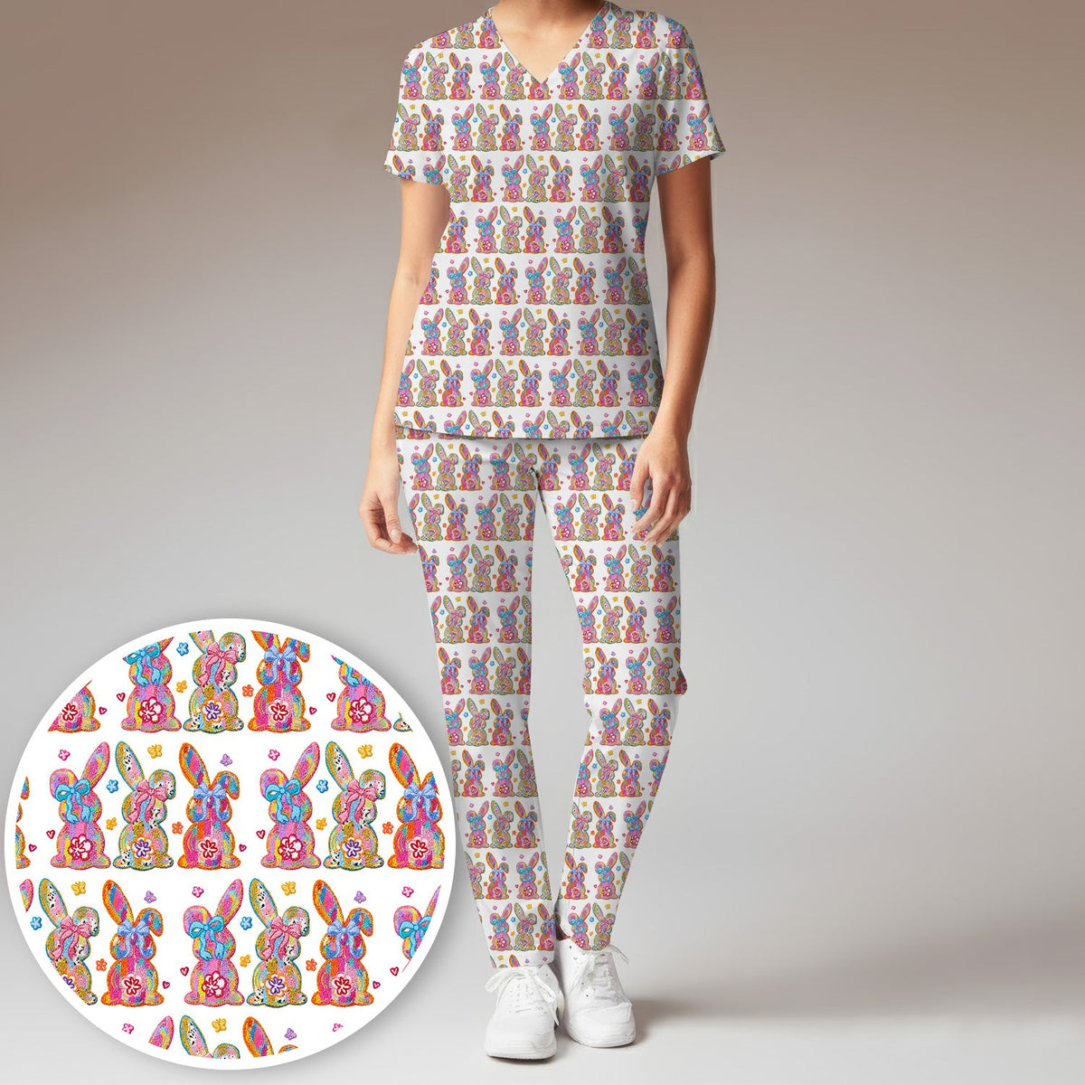 Pastel Bunny Floral Nurse Scrub Set