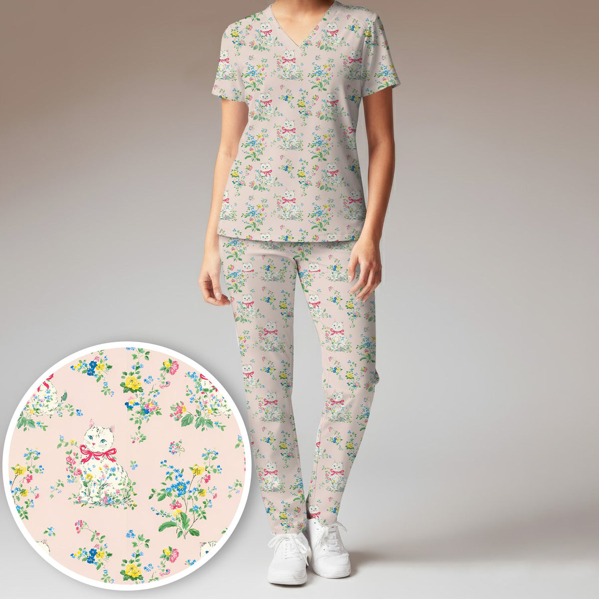 Vintage Floral Cat Nurse Scrub Set