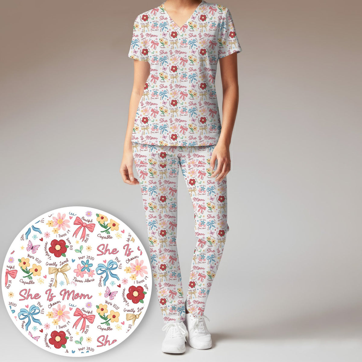 She Is Mom Flower Bow Nurse Scrub Set
