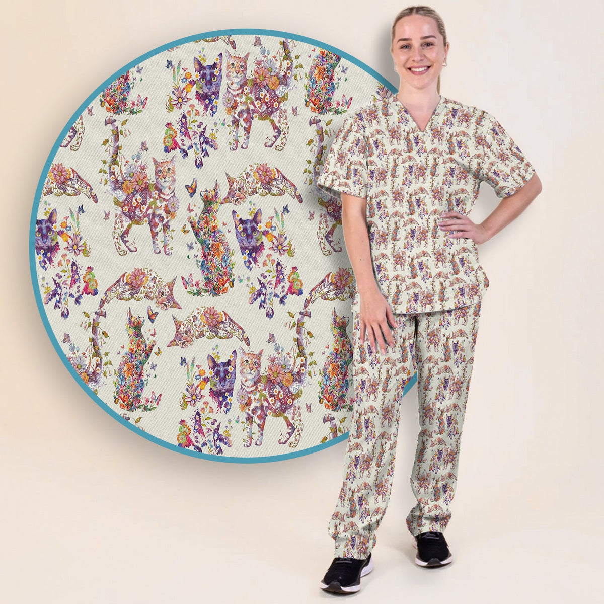 Whimsical Floral Cat Garden Nurse Scrub Set