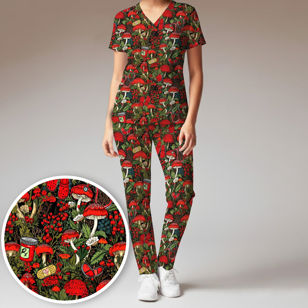 Red Mushroom Forest Nurse Scrub Set