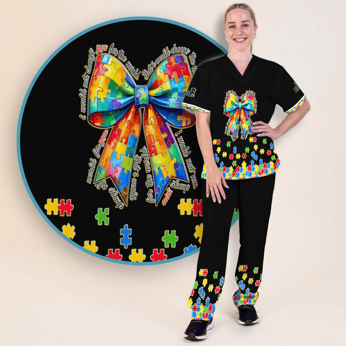 Autism Puzzle Bow Colorful Pieces Nurse Scrub Set