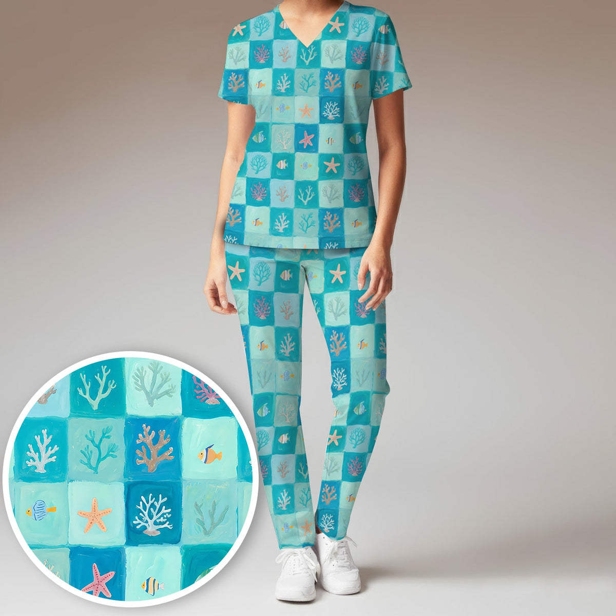 Ocean Coral Fish Starfish Nurse Scrub Set