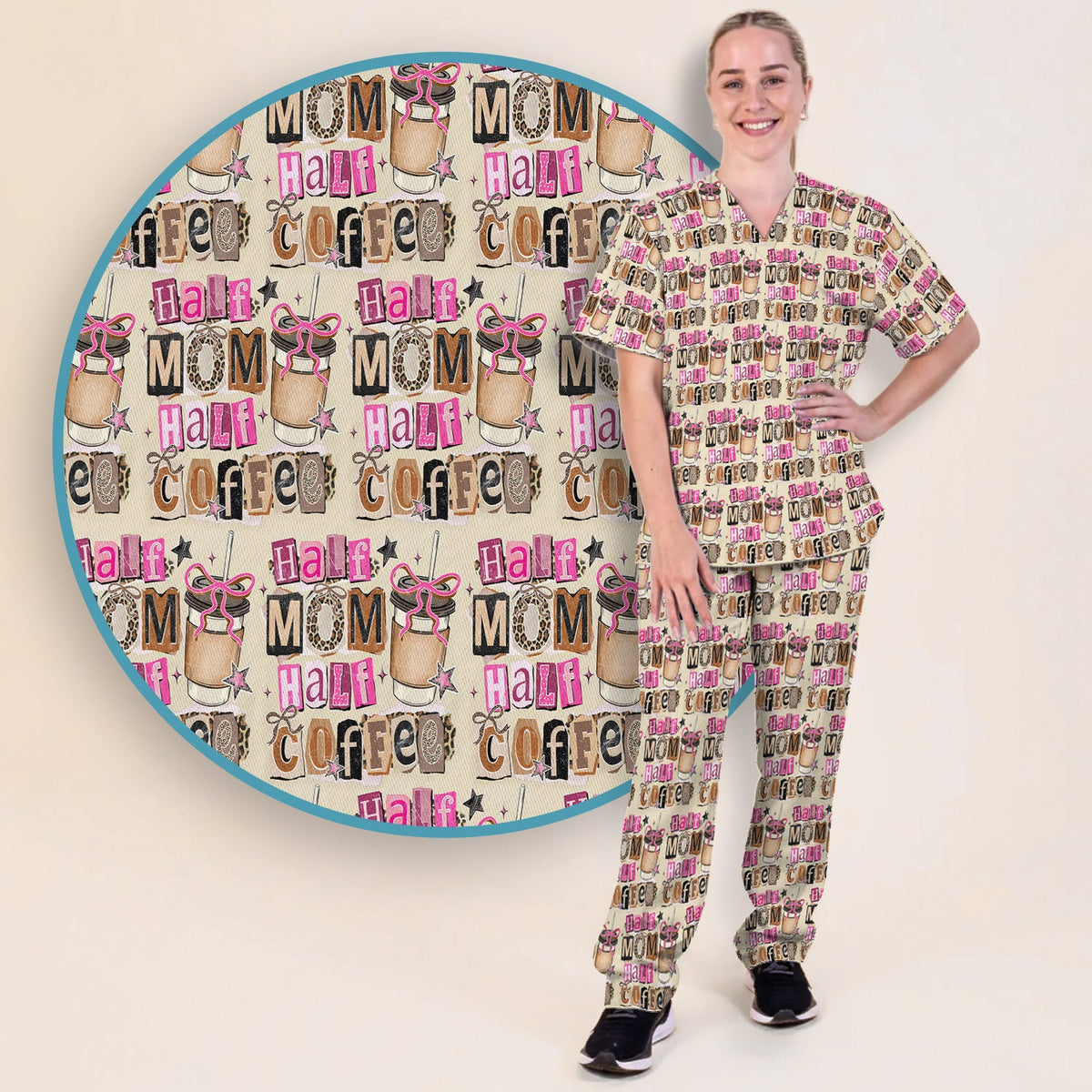 Half Mom Half Coffee Nurse Scrub Set