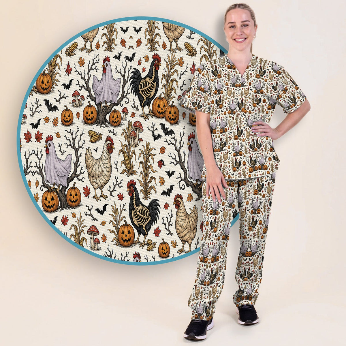 Skeleton Chickens Nurse Scrub Set - Halloween Gift