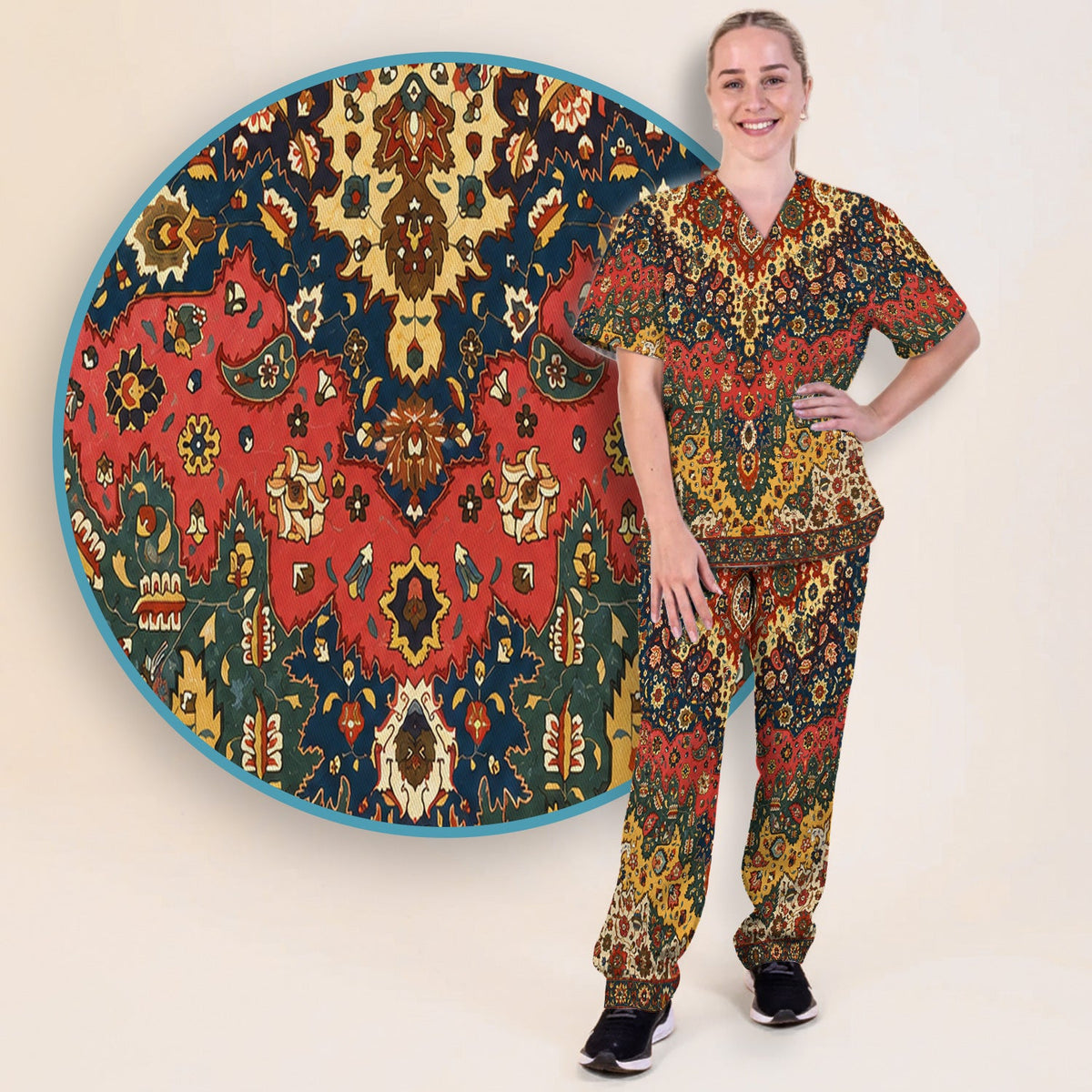 Vintage Persian Rug Floral Nurse Scrub Set