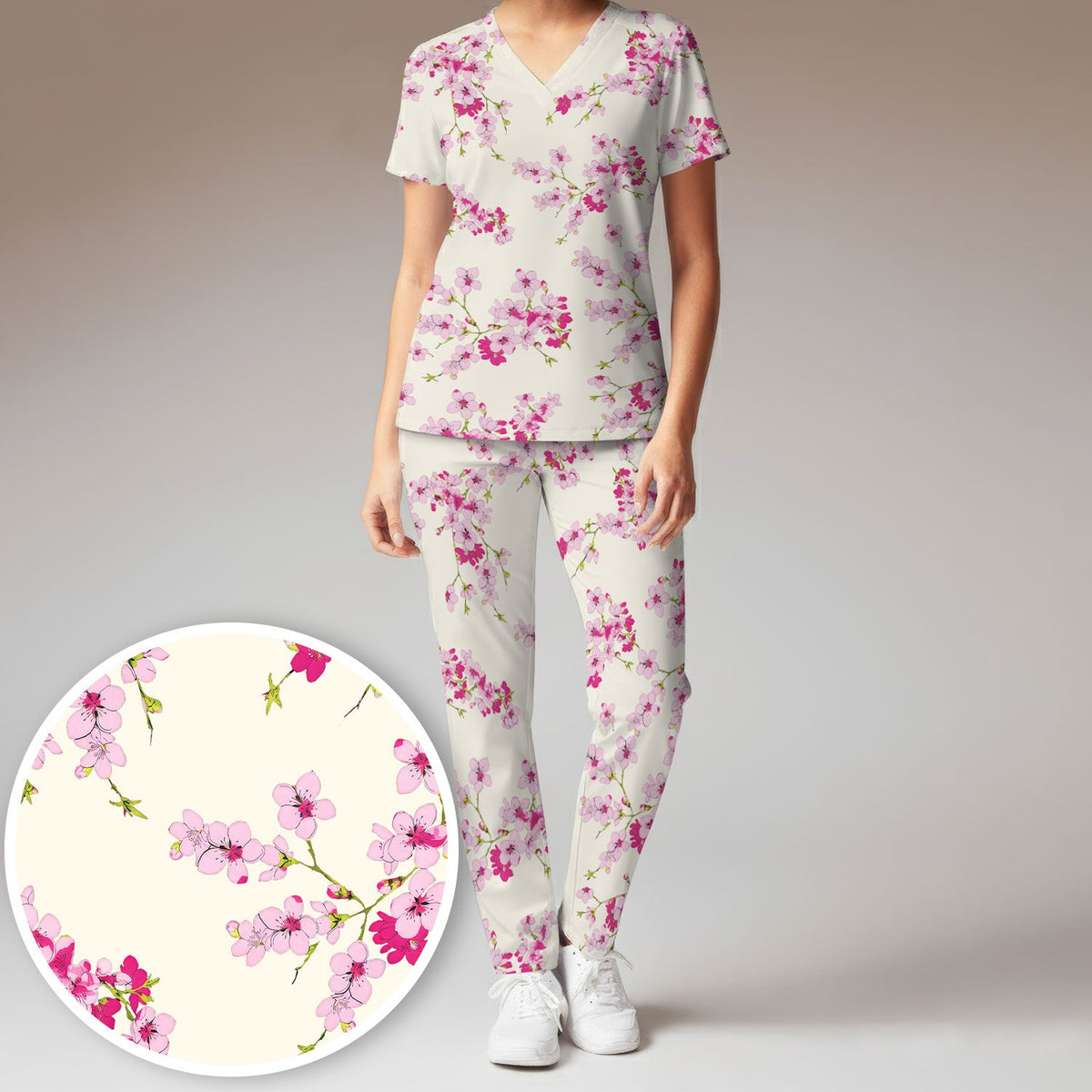 Elegant Cherry Blossom Nurse Scrub Set