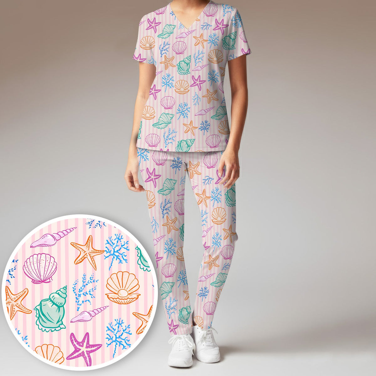 Colorful Seashell Starfish Ocean Stripe Nurse Scrub Set