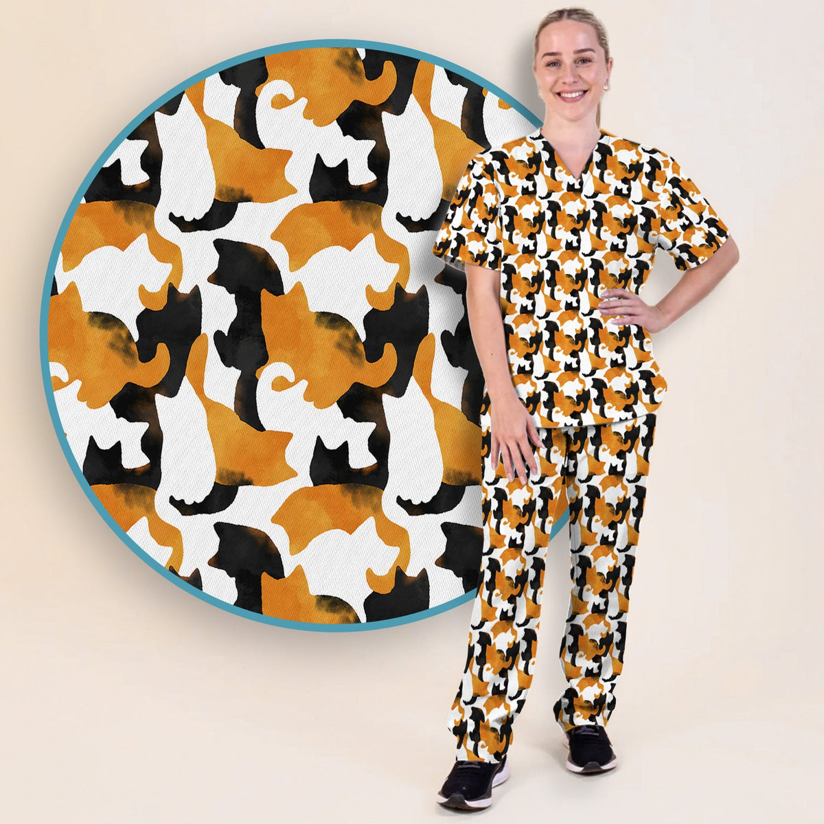 Calico Cat Silhouette Nurse Scrub Set