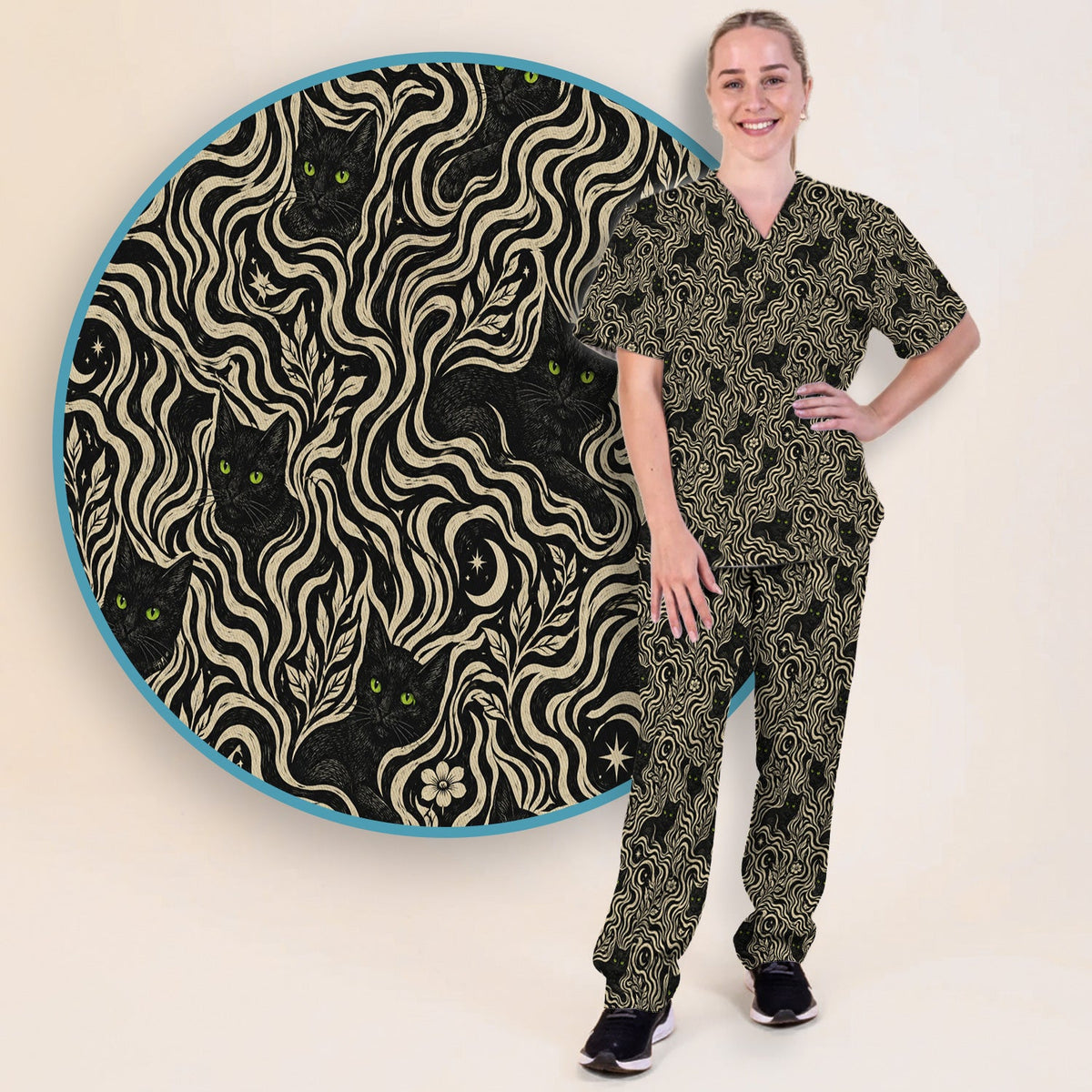 Mystical Black Cat Moonlit Nurse Scrub Set