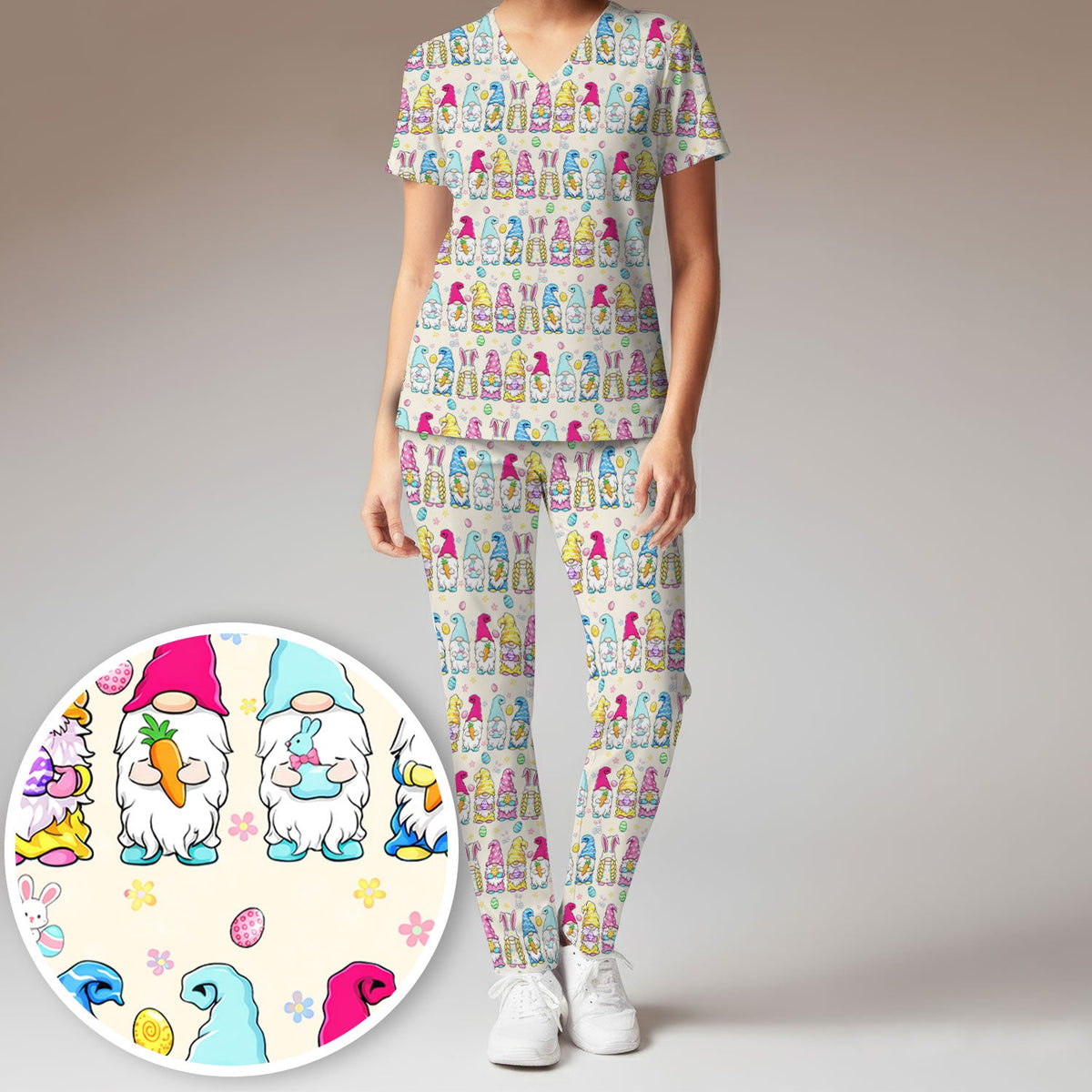Colorful Easter Gnome Bunny Eggs Nurse Scrub Set