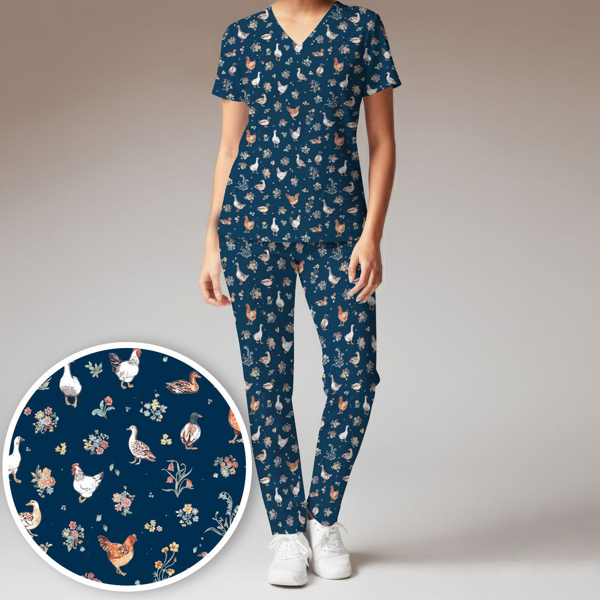 Farm Chicken Duck Floral Nurse Scrub Set