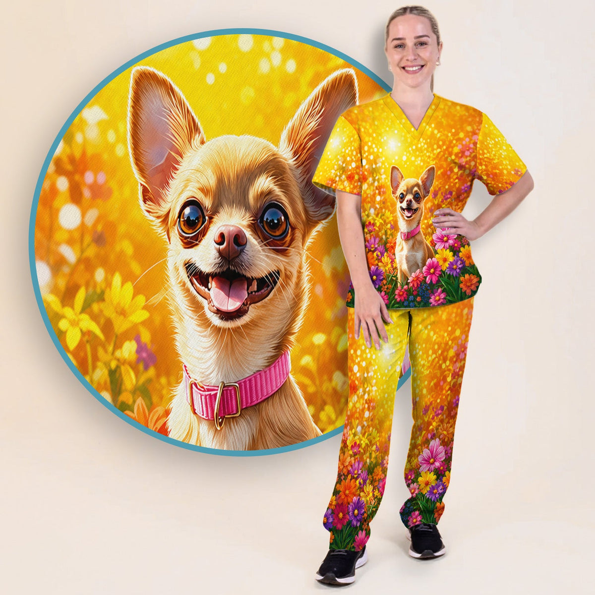 Chihuahua Flower Meadow Nurse Scrub Set