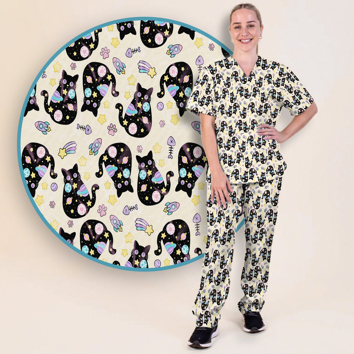 Black Cat Galaxy Space Nurse Scrub Top