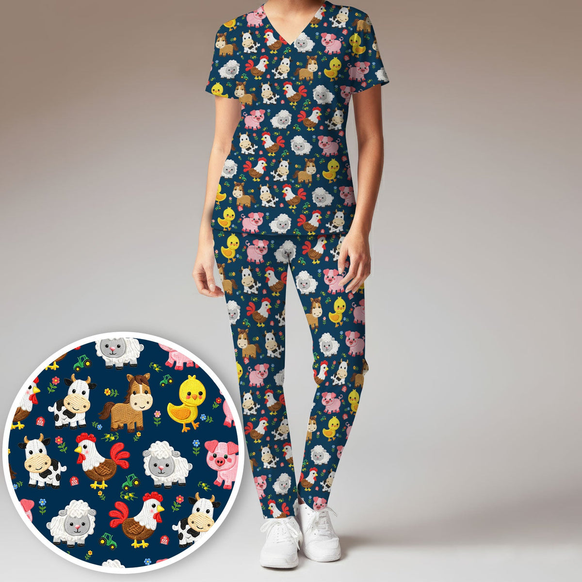Cartoon Farm Animal Nurse Scrub Set