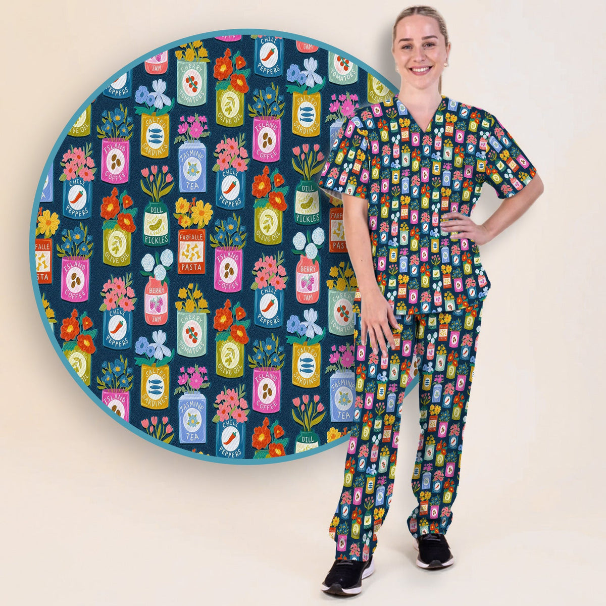 Colorful Pantry Jars Flowers Nurse Scrub Set