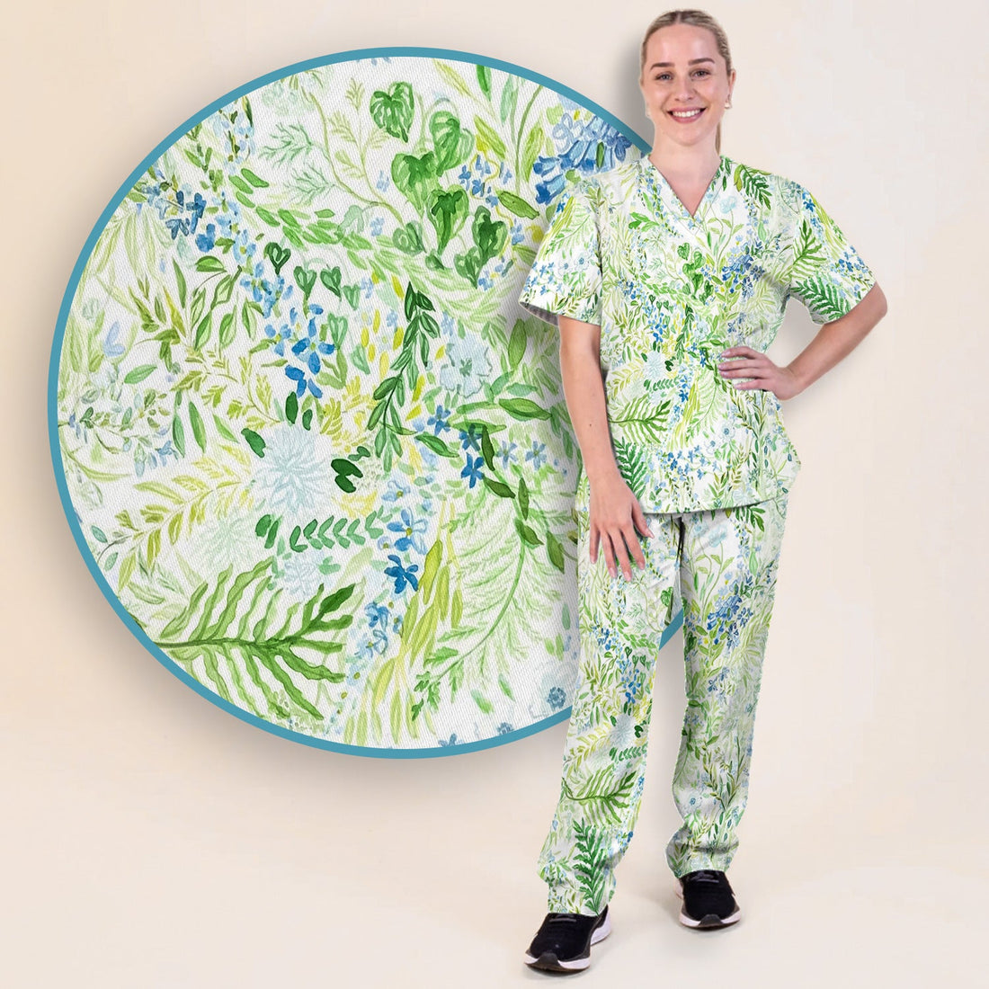 Green Botanical Floral Nurse Scrub Set