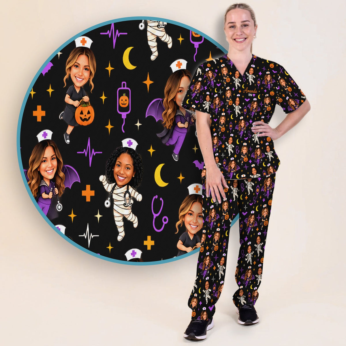 Personalized Halloween Photo Nurse Scrub Set