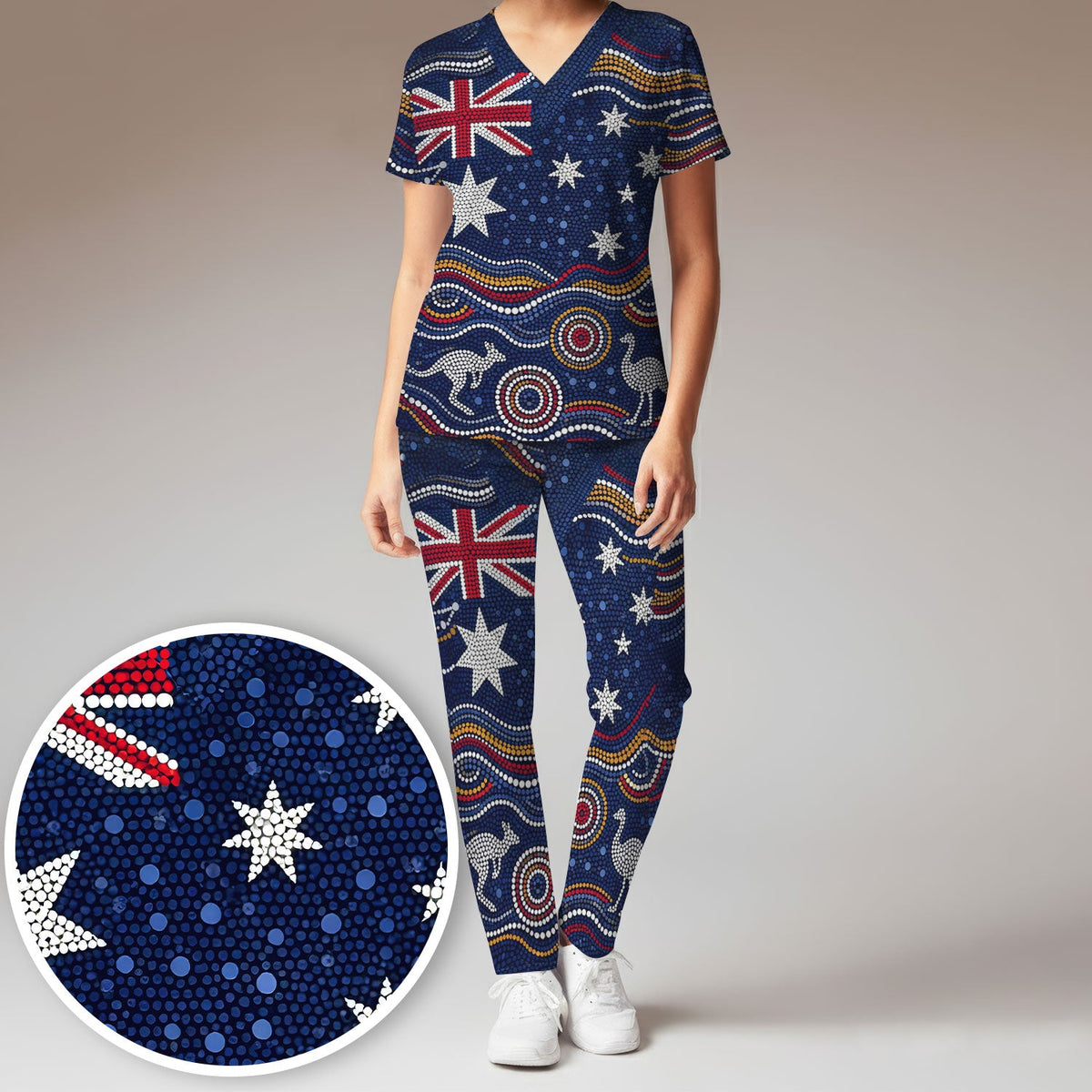 Australian Aboriginal Art Pattern Nurse Scrub Set, Kangaroo Dot Nurses Shirt For Women, Breathable Fabrics Nursing Uniform