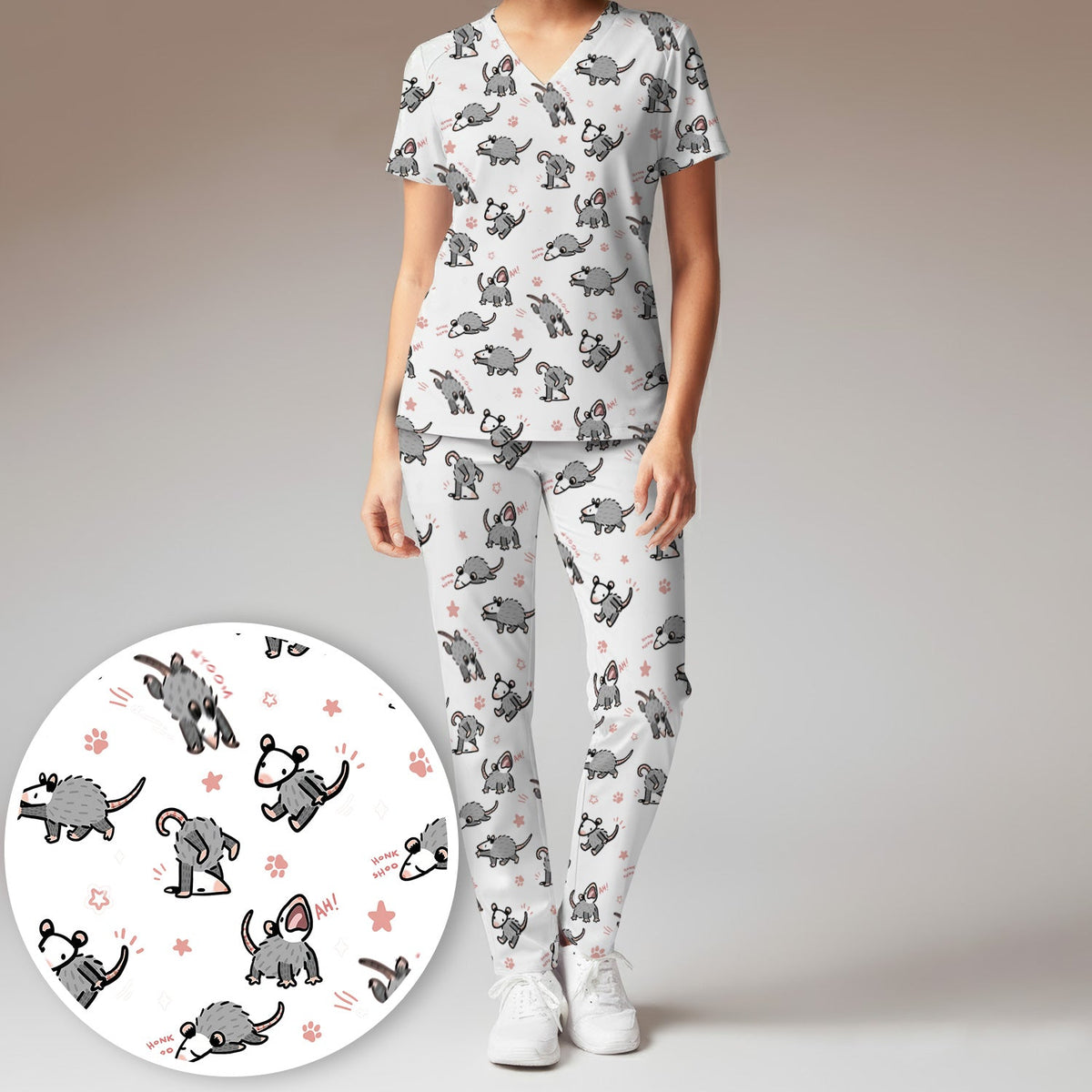 Cartoon Opossum Nurse Scrub Set
