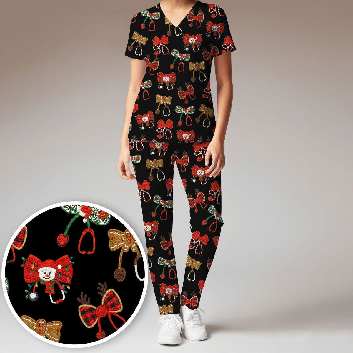 Christmas Stethoscope Bow Nurse Scrub Set