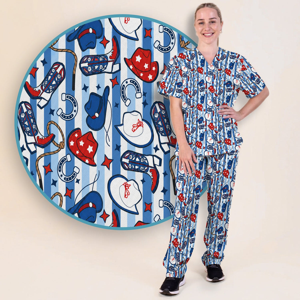 Western Cowboy Boots Hats Nurse Scrub Set