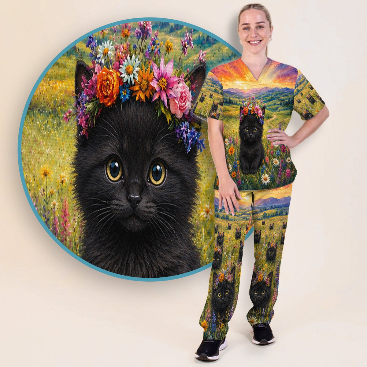 Black Kitten Flower Meadow Nurse Scrub Set