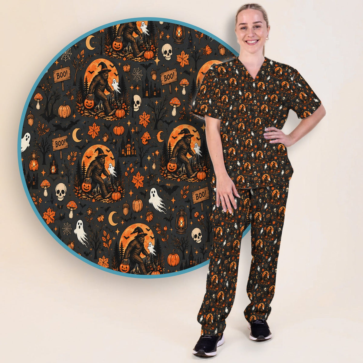 Bigfoot Ghost with Pumpkin Nurse Scrub Set - Halloween Gift