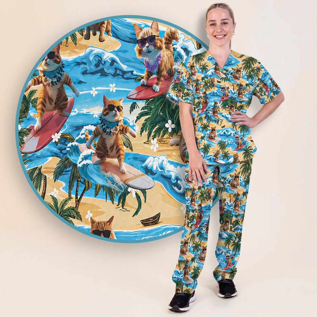Tropical Surfing Cat Beach Wave Island Nurse Scrub Set