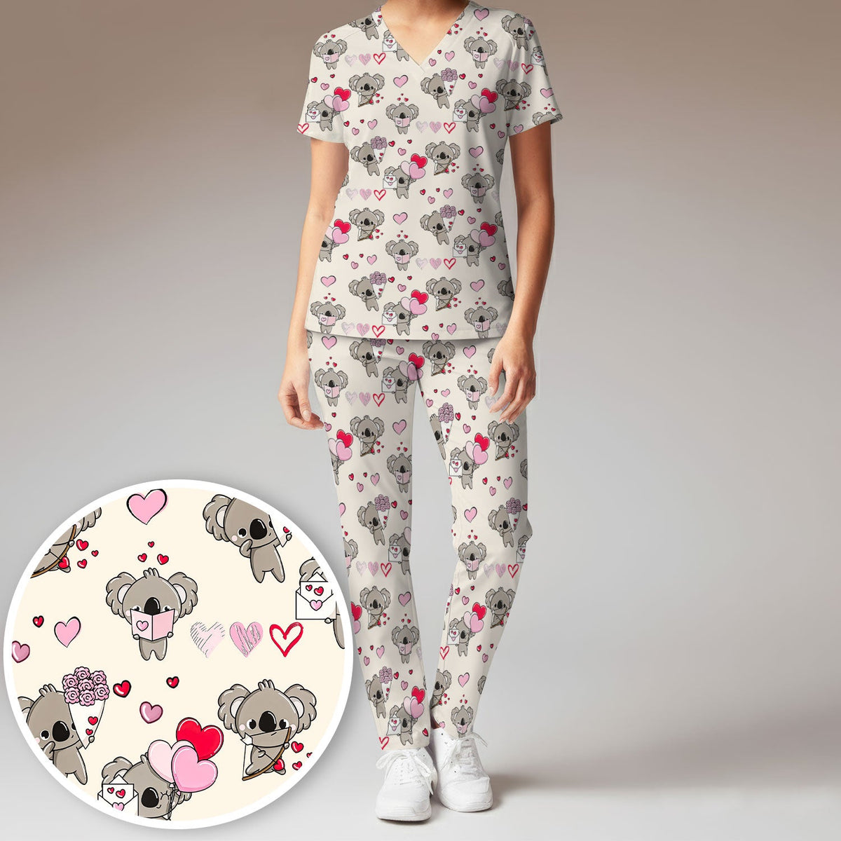 Valentine Koala Holding Flowers Nurse Scrub Set