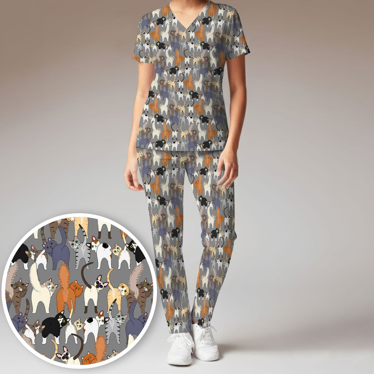 Whimsical Multicolor Cat Cartoon Nurse Scrub Set