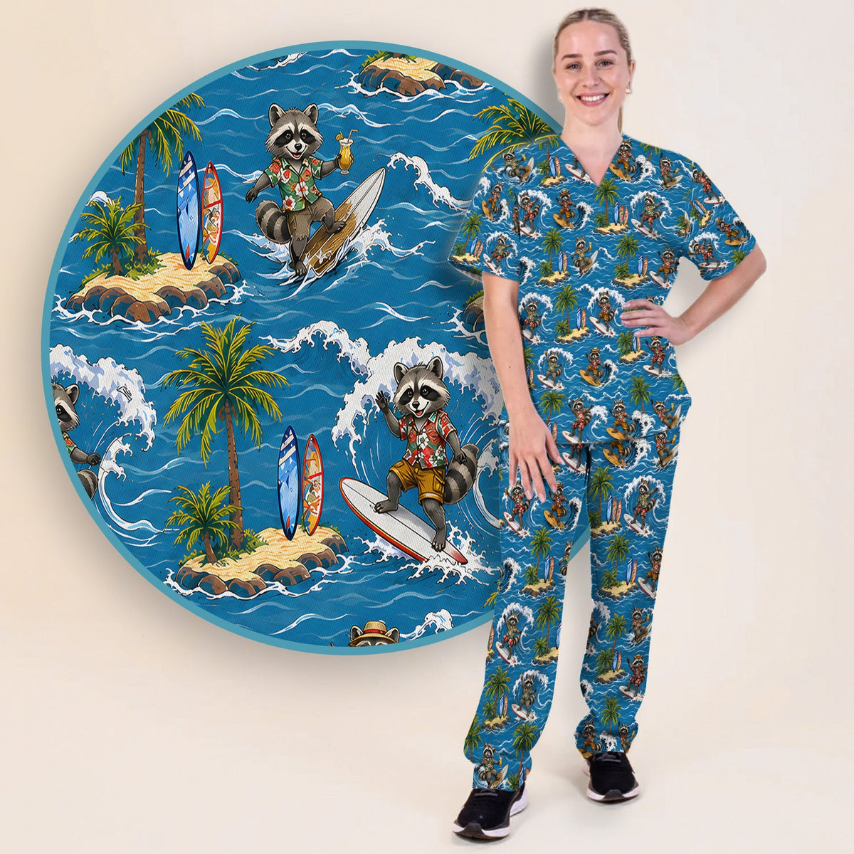 Tropical Surfing Raccoon Island Nurse Scrub Set