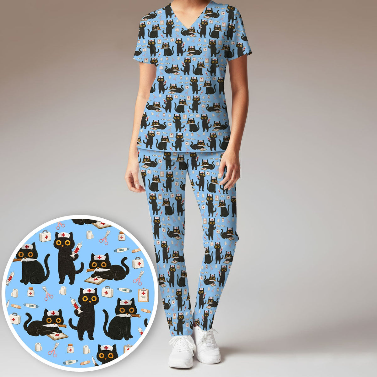 Cute Teal Black Cat Nurse Scrub Set