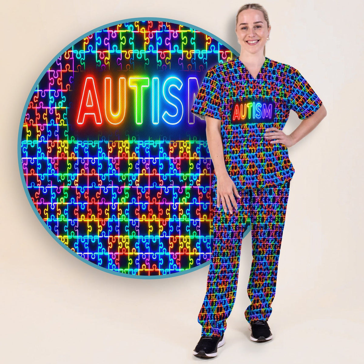 Autism Puzzle Neon Nurse Scrub Set