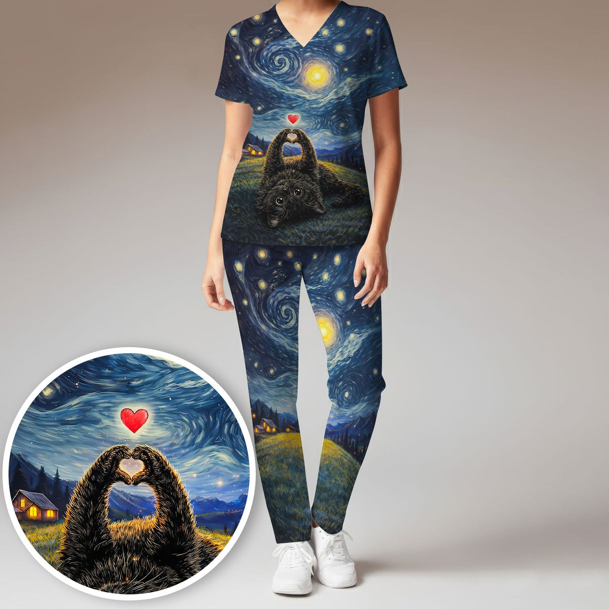 Starry Night Black Cat Heart Art Scrub Set, Breathable Med Uniform