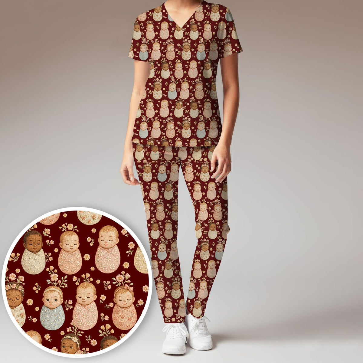 Sweet Newborn Baby Floral Print Women's Scrub Set, Breathable Med Uniform