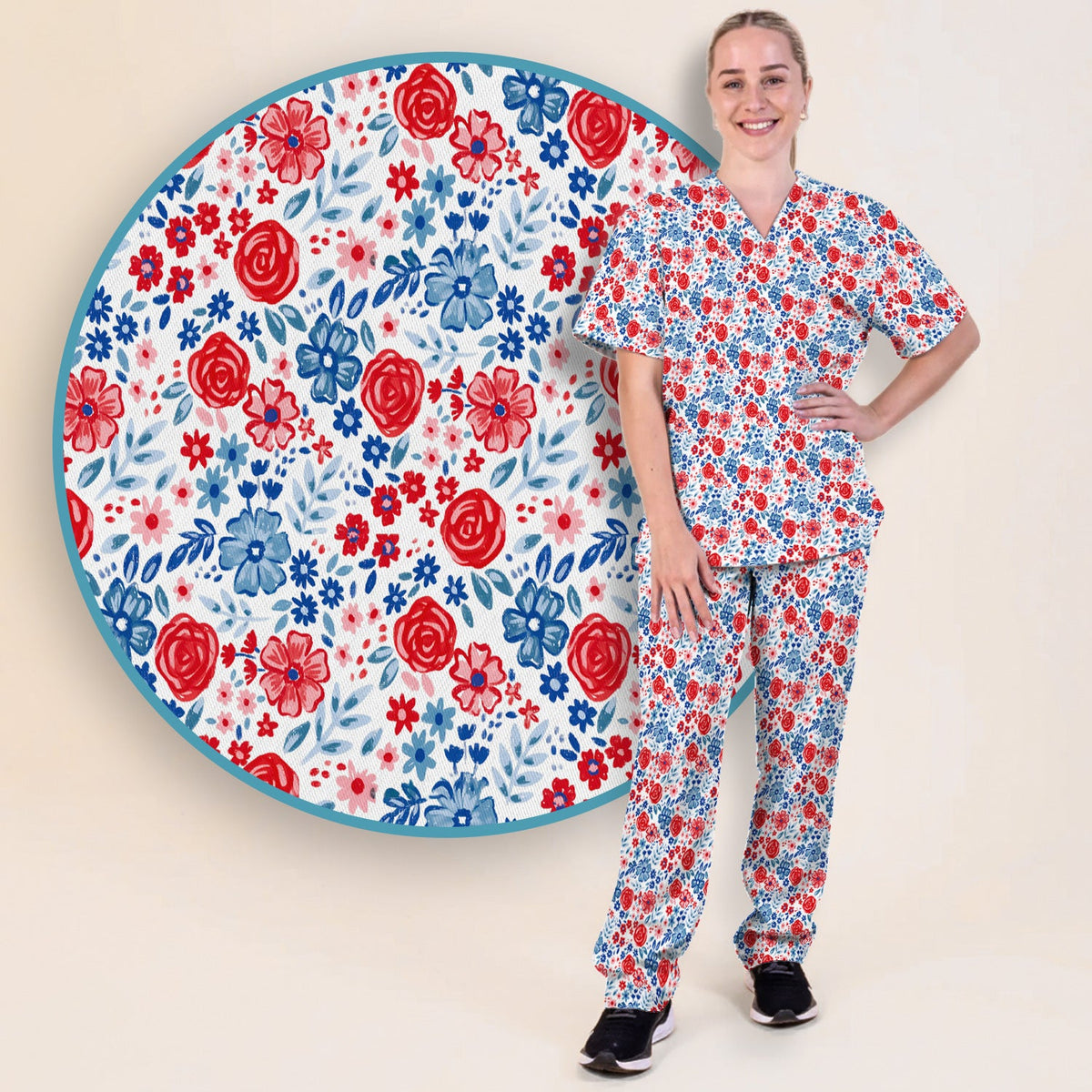 Red Blue Floral Garden Blossom Nurse Scrub Set