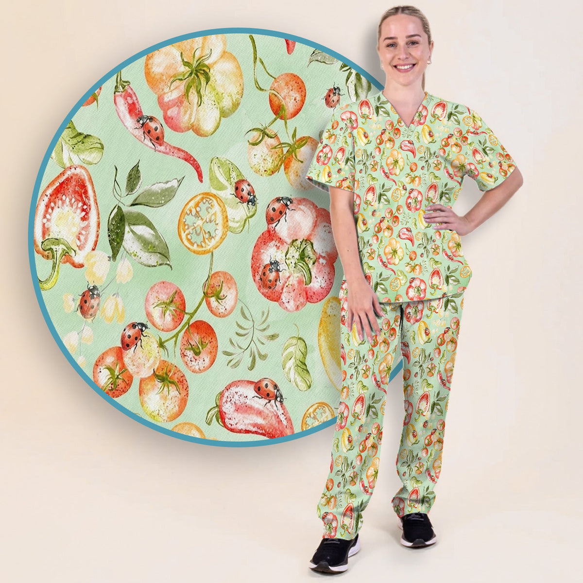 Watercolor Veggie Ladybug Nurse Scrub Set
