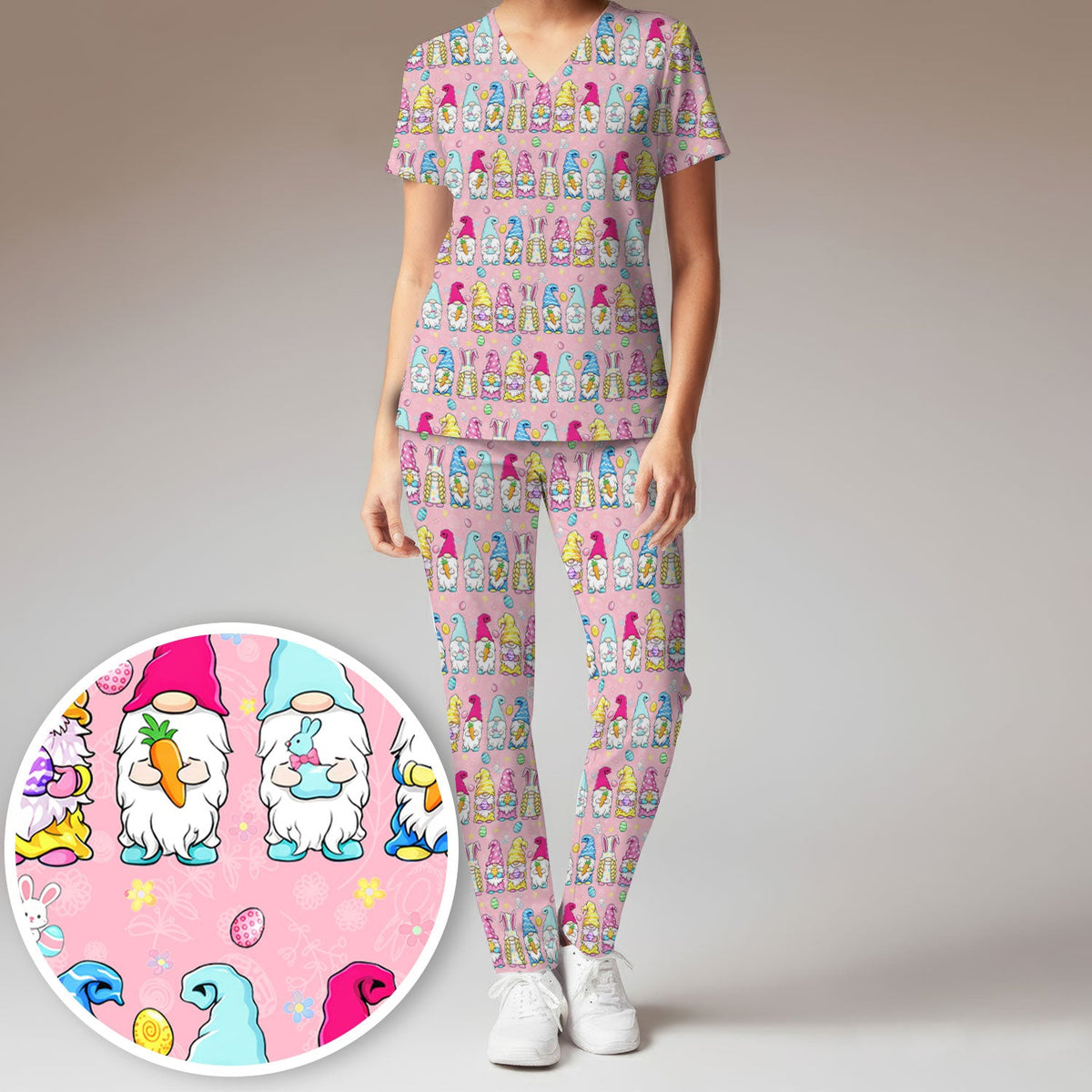 Colorful Easter Gnome Bunny Eggs Nurse Scrub Set