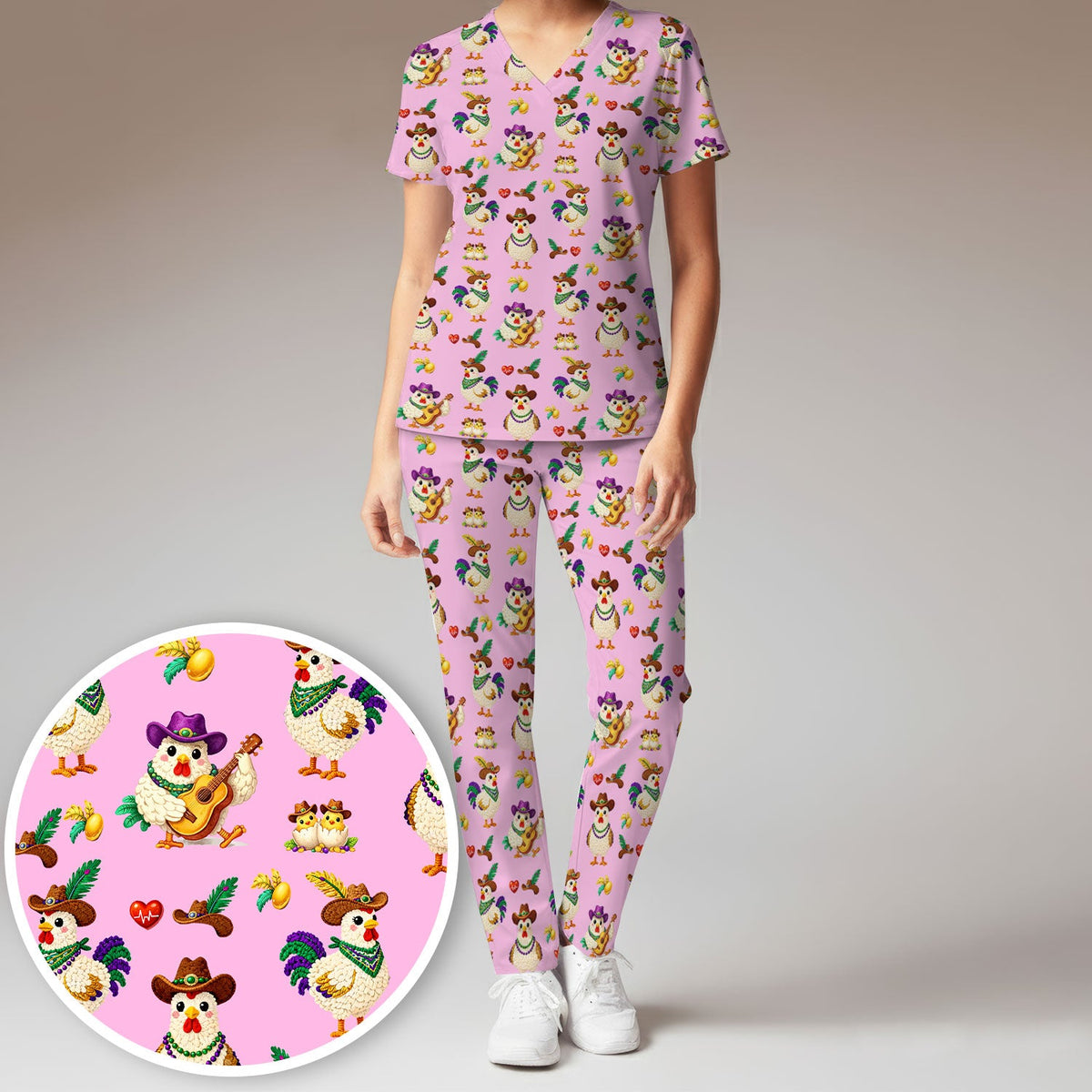 Mardi Gras Rooster Cowboy Nurse Scrub Set