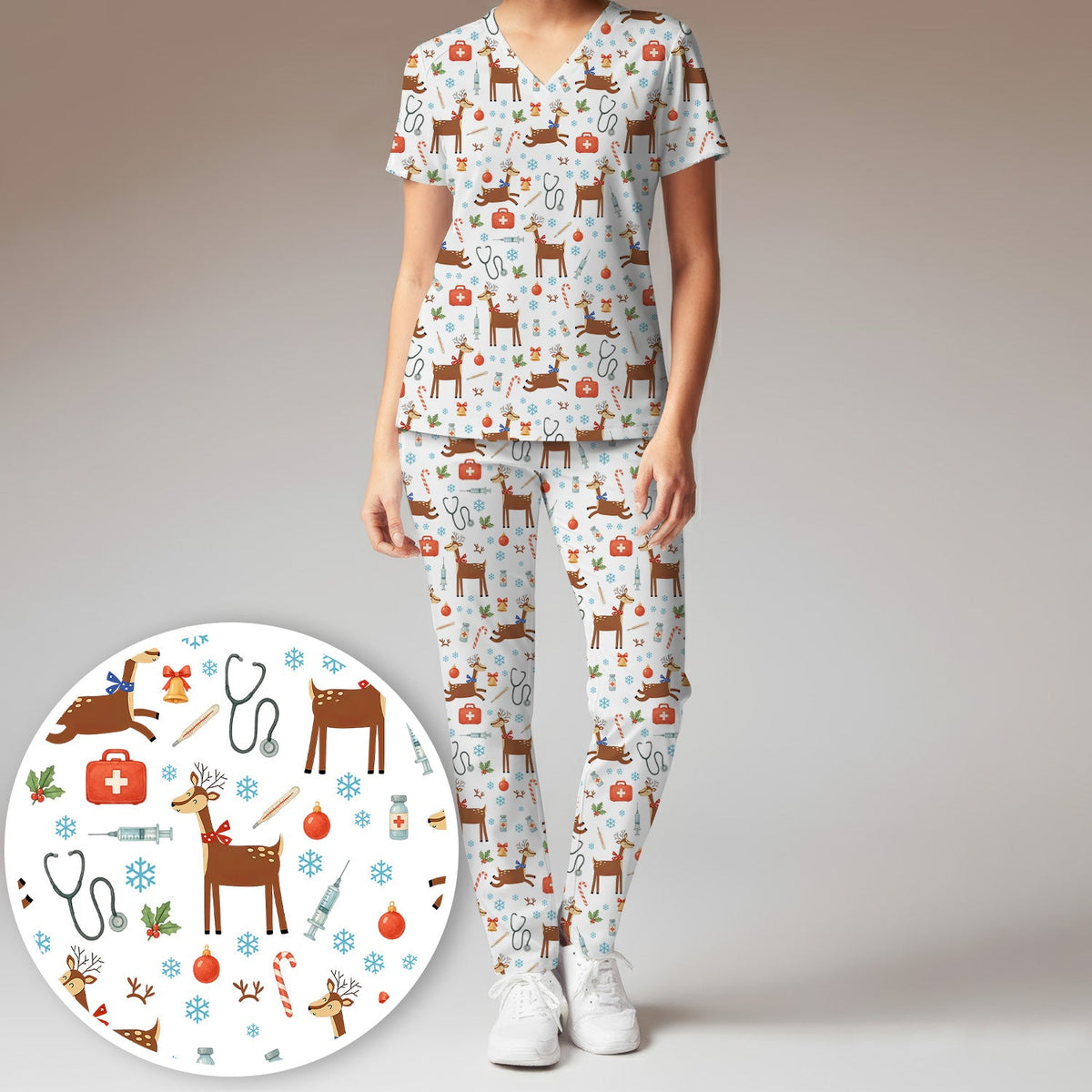 Christmas Reindeer Snowflakes Candy Cane Nurse Scrub Set