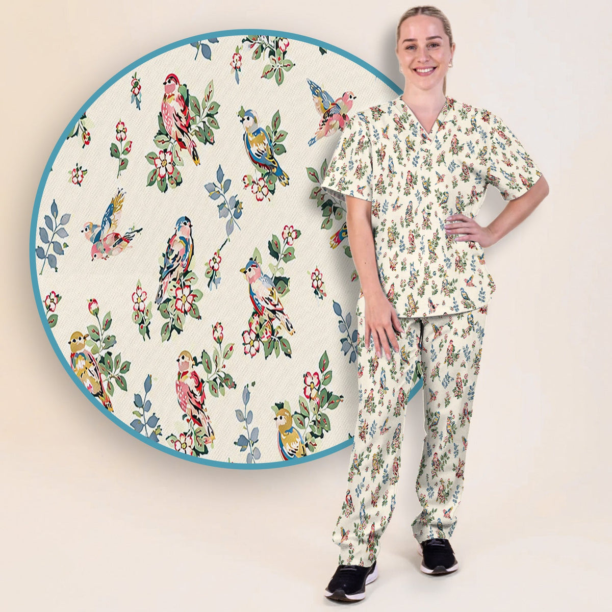 Vintage Birds Blossom Nurse Scrub Set