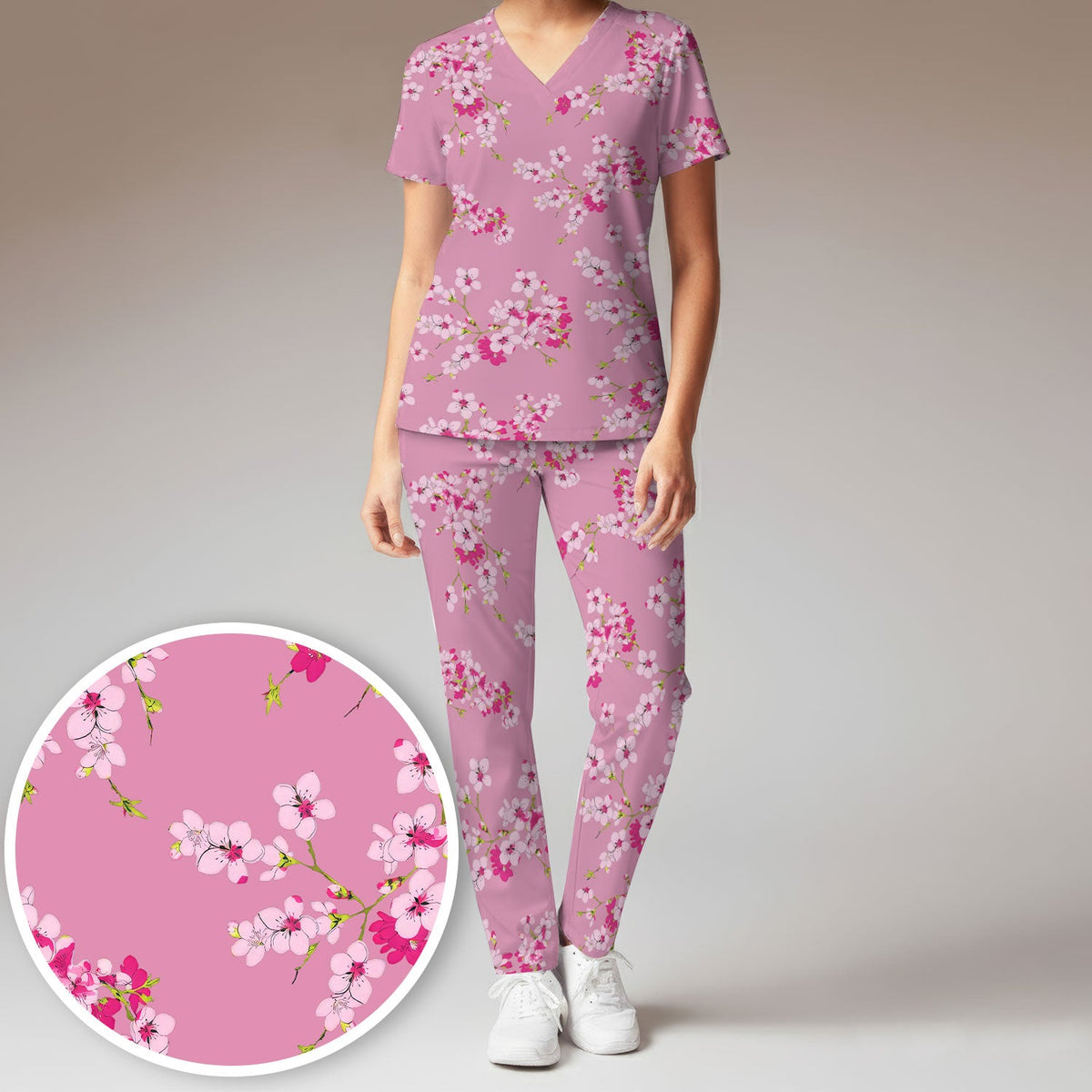 Elegant Cherry Blossom Nurse Scrub Set