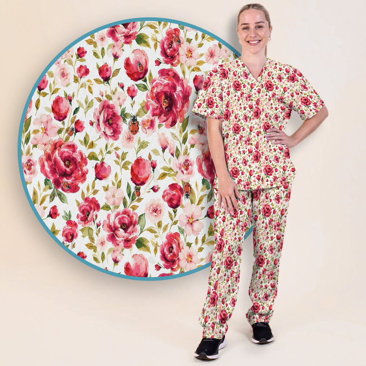 Pink Rose Ladybug Garden Nurse Scrub Set
