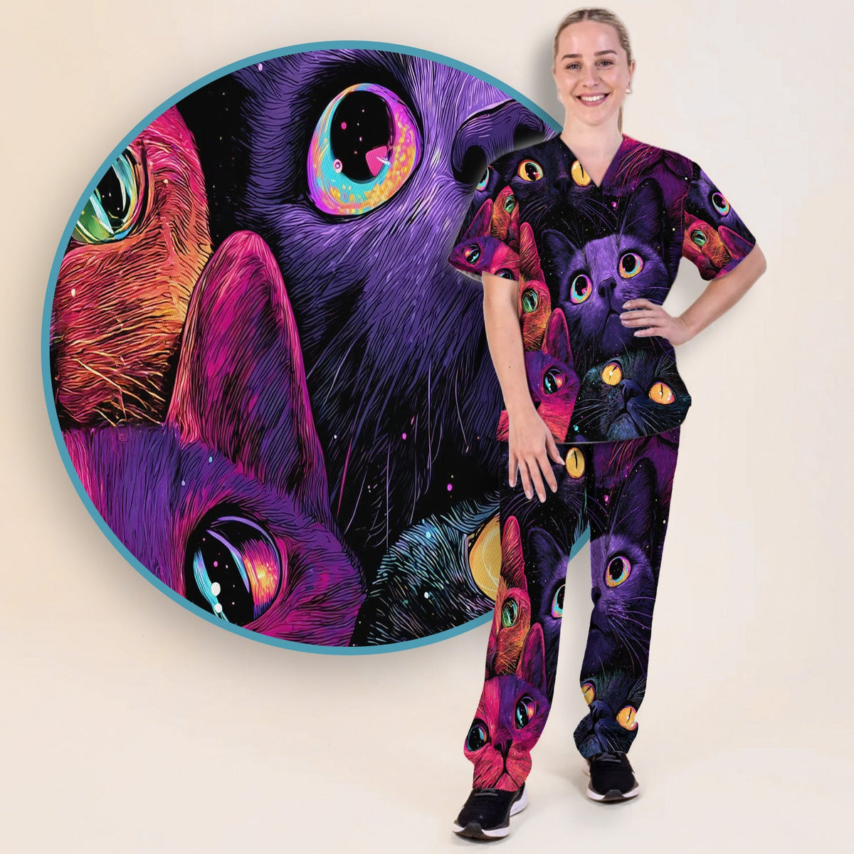 Colorful Neon Cat Faces Nurse Scrub Set