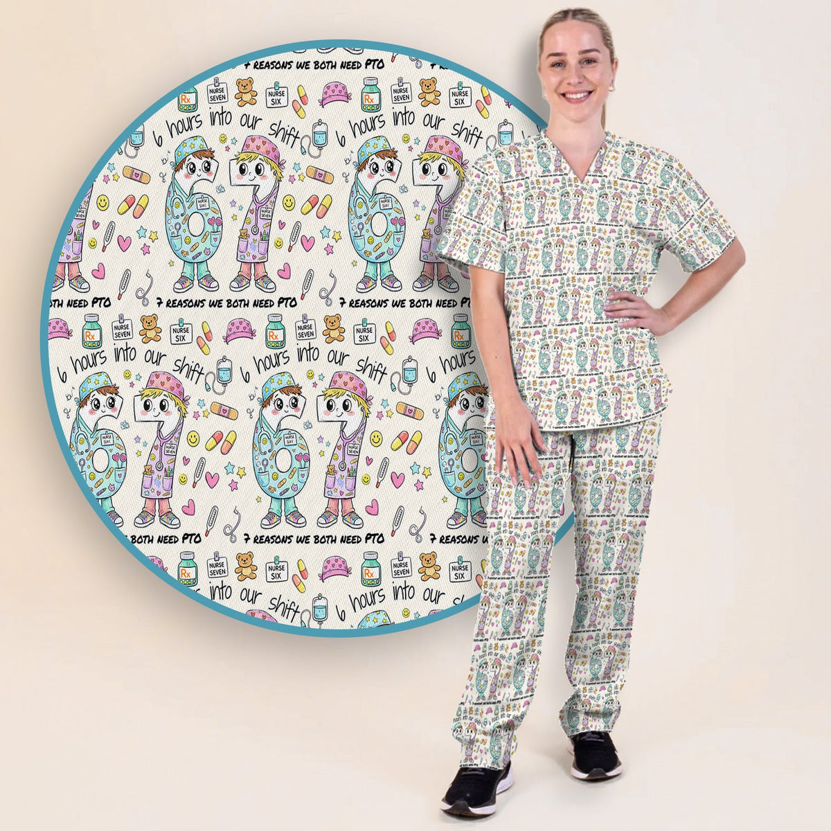 Six Hours Into Shift Beige Nurse Scrub Set